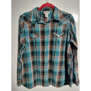 Wrangler vintage blue plaid flannel pearl snap buttons slim fit woman size XXL